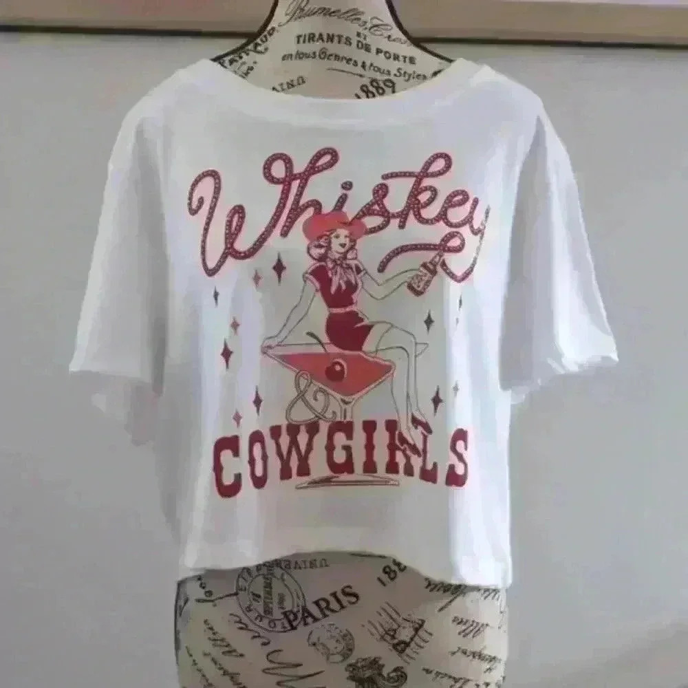 PROTREND | Women's White/Red/Pink Oversized Cropped Whiskey Cowgirls Shi…